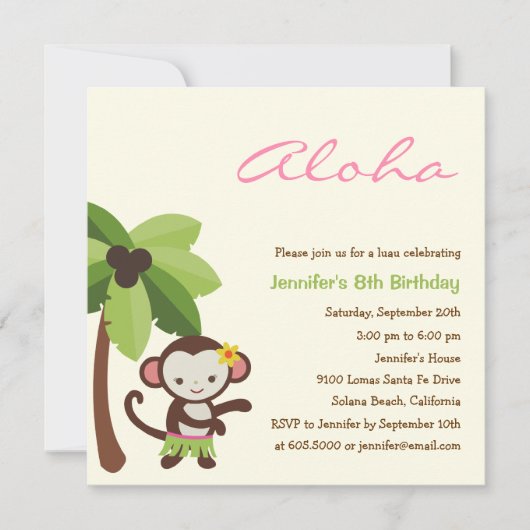 Hula Monkey Luau Party Invitation Kaart (Voorkant)