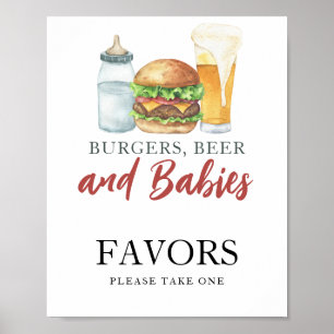 Hulpmiddelen voor baby shower met hamburger en fle poster
