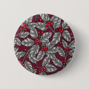 Hulstbes, grijze bladeren op donkerrood ronde button 5,7 cm