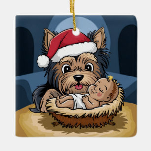 Hulstkind aanbeden door Yorkshire Terrier Keramisch Ornament