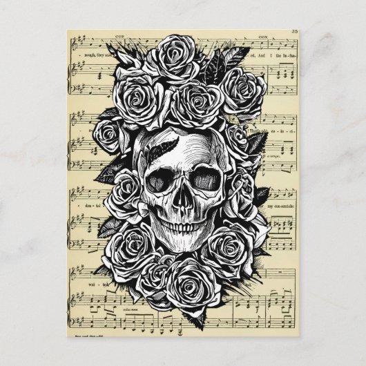 Human Skull Rozen Gothic Biker Art Illustratie Briefkaart (Voorkant)