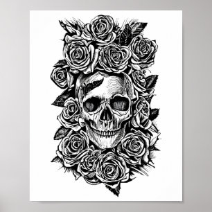 Human Skull Rozen Gothic Biker Art Illustratie Poster