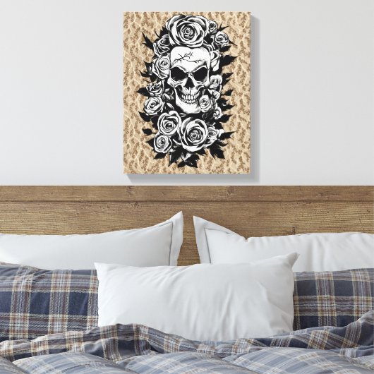 Human Skull Rozen Gothic Oorspronkelijke inktteken Canvas Afdruk (Insitu (Slaapkamer))