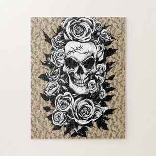 Human Skull Rozen Gothic Oorspronkelijke inktteken Legpuzzel