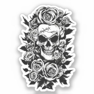 Human Skull Rozen Gothic Oorspronkelijke inktteken Sticker