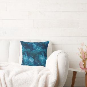 Humeurig donker turquoise-blauw aquarelmarmer kussen