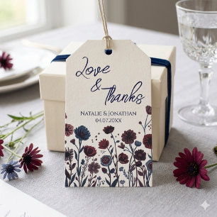 Humeurige bordeaux & blauwe bloem bruiloft bedankt cadeaulabel