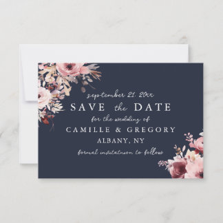 Humeurige Navy Blauwe Stof Roze Bloemige Trouwdag Save The Date