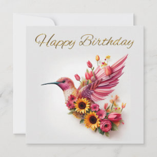 Humming vogel vliegen met bloemen Happy Birthday