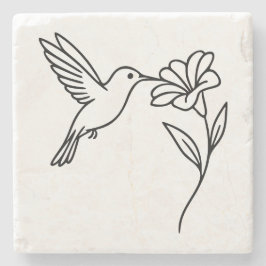 Hummingbird and Flower – Minimalist Black Line Art Stenen Onderzetter