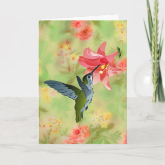 Hummingbird and Pink Lily on Floral Pattern Kaart