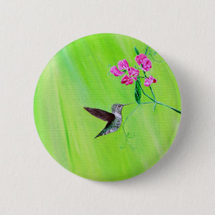 Hummingbird and Sweet Peas Painting Ronde Button 5,7 Cm