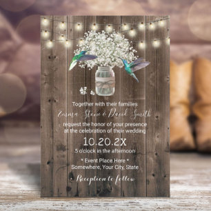 Hummingbird & Baby's Breath Flowers Rustic Wedding Kaart