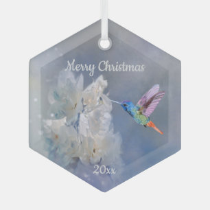 Hummingbird Bird White Garden Flower Kerstmis Glas Ornament