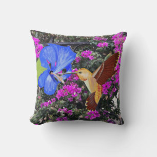 Hummingbird, Blue Hibiscus en Bougainvillea Kussen