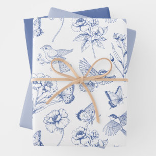 Hummingbird & Butterfly Floral Toile Blauwe Wrappi Inpakpapier Vel