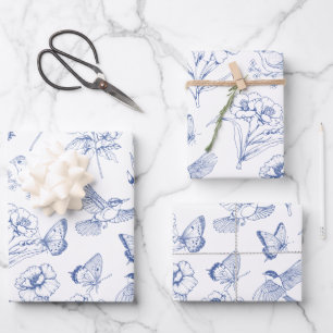 Hummingbird & Butterfly Floral Toile Blauwe Wrappi Inpakpapier Vel