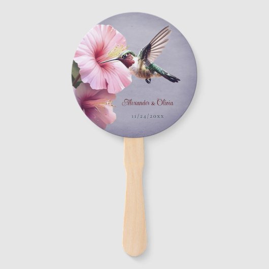 Hummingbird en Hibiscus bruiloft | Paars Handwaaier (Voorkant)