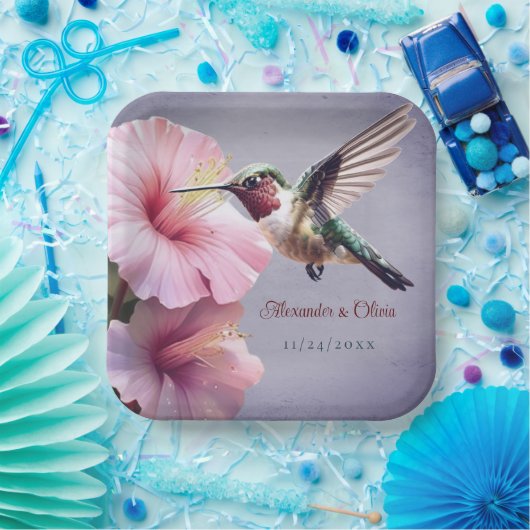 Hummingbird en Hibiscus bruiloft | Paars Papieren Bordje (Feest)