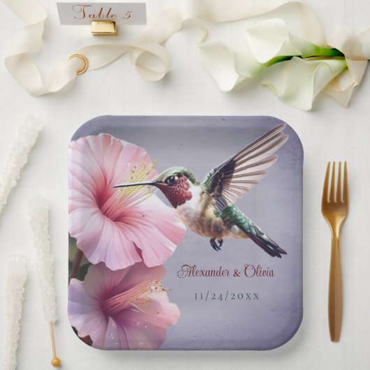 Hummingbird en Hibiscus bruiloft | Paars Papieren Bordje (Huwelijk)