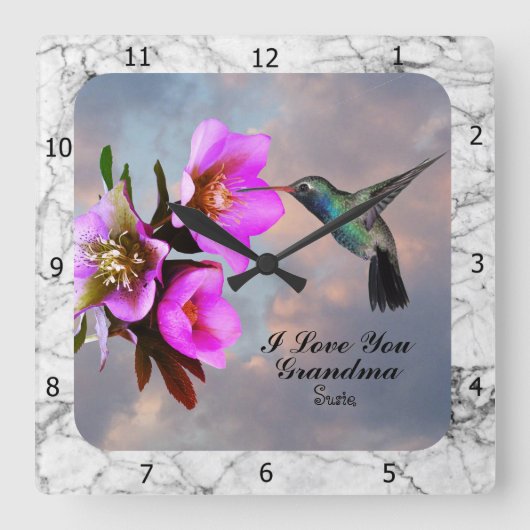 HUMMINGBIRD-GRANDMA SQUARE WALL CLOCK VIERKANTE KLOK (Voorkant)
