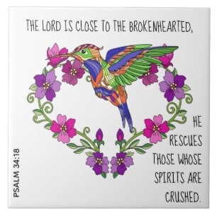 Hummingbird & Heart, met vers van Psalm 34:18 Tegeltje