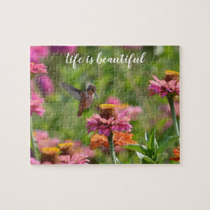 Hummingbird met Zinnia Flowers Legpuzzel