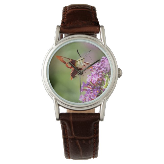 Hummingbird Moth on a Butterfly Struik Horloge (Voorkant)