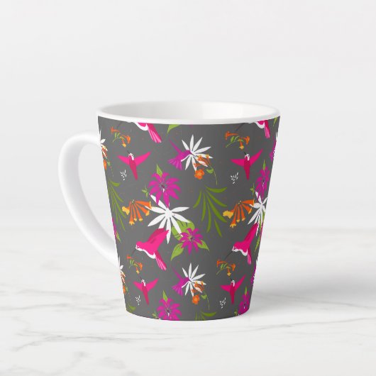 Hummingbird Pattern Pink Paars Grey Tropical Latte Mok (Linkerhoek)