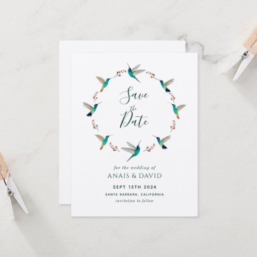 Hummingbird Save the Date Card Kaart (Voorkant / Achterkant in situ)