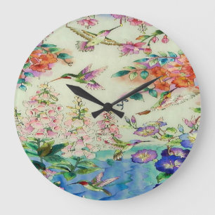 Hummingbirds and Flowers Art Wall Horloge - Magnif