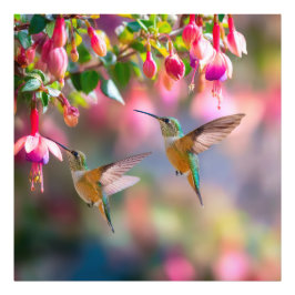 Hummingbirds Fuchsia Flowers Iridescent Dance Foto Afdruk