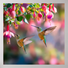 Hummingbirds Fuchsia Flowers Iridescent Dance Poster