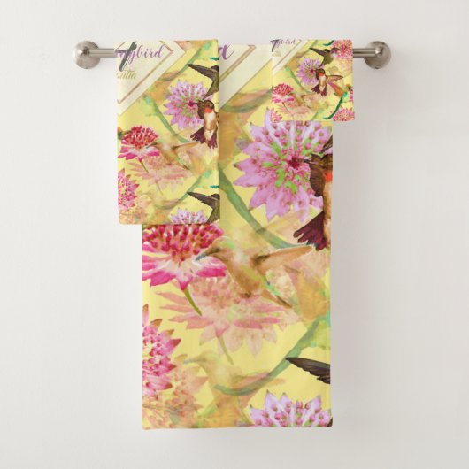 Hummingvogels en Astrantia Monogram Waterverf Bad Handdoek (Insitu)