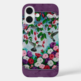 Hummingvogels en bloemen Paars iPhone 16 Hoesje