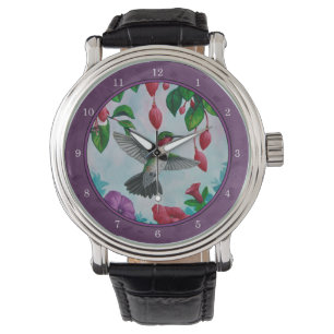Hummingvogels en bloemen Paars Horloge