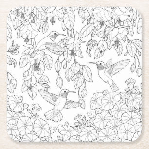 Hummingvogels en Flowers Adult Coloring Page Vierkante Kartonnen Onderzetter