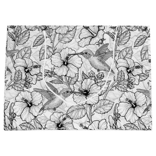Hummingvogels en hibiscus bloemen b&w groot cadeauzakje (Voorkant)