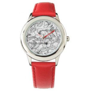 Hummingvogels en hibiscus bloemen b&w horloge
