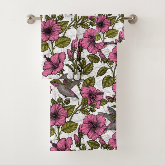 Hummingvogels en roze hibiscus bloemen bad handdoek (Insitu)