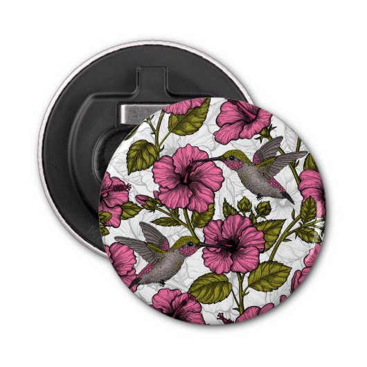 Hummingvogels en roze hibiscus bloemen button flesopener (Voorkant)