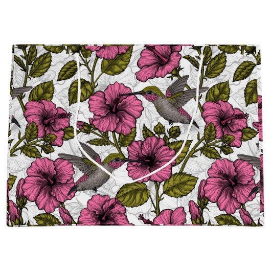 Hummingvogels en roze hibiscus bloemen groot cadeauzakje (Voorkant)