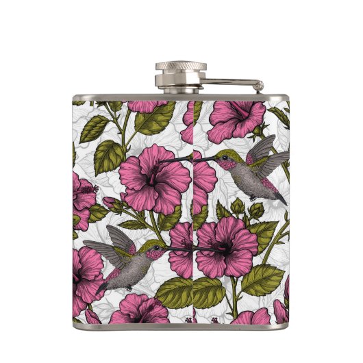 Hummingvogels en roze hibiscus bloemen heupfles (Achterkant)