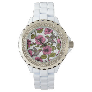 Hummingvogels en roze hibiscus bloemen horloge