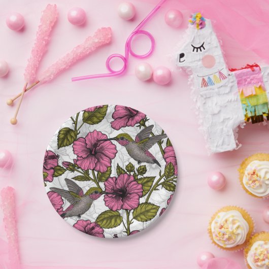 Hummingvogels en roze hibiscus bloemen papieren bordje (Feest)