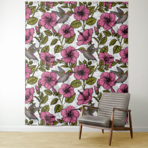 Hummingvogels en roze hibiscus bloemen wandkleed