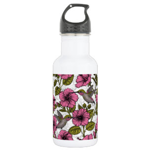 Hummingvogels en roze hibiscus bloemen waterfles 