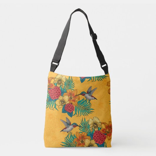 Hummingvogels en tropische bouquet, geel crossbody tas (Voorkant)