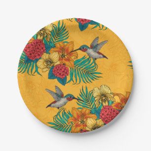 Hummingvogels en tropische bouquet, geel papieren bordje
