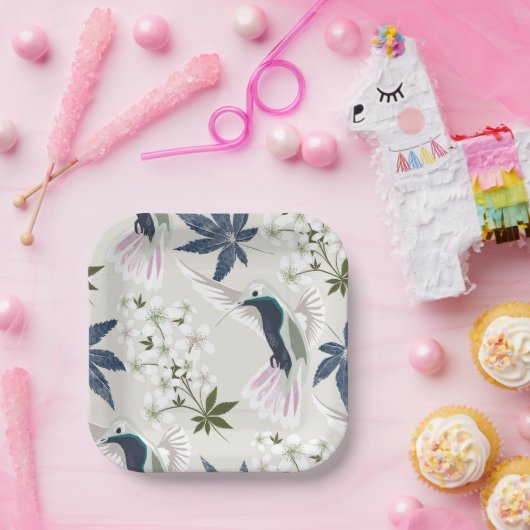 Hummingvogels en witte bloemen. papieren bordje (Feest)